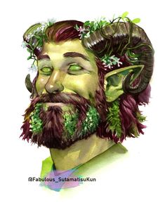 an illustration of a man with horns and flowers in his hair, wearing a green shirt