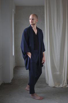 "Short unisex kimono robe made of linen (+ 20% cotton fiber) Very soft material, the fabric contains cotton fibers, so this material is much softer than regular linen, and also less wrinkled. Comfortable to wear, free size. Great to wear both at home and out. Can wear as a jacket. * if the kimono of the length and color that you need is not available, write me a message and I will make one more kimono especially for you. + the pants that you can see on the photos are also available for order, if Kimono Outfit Men, Man Kimono, Boho Clothing Men, Tulum Fashion, Long Kimono Dress, Silk Kimono Jacket, Haori Jacket, Modern Kimono, Linen Kimono