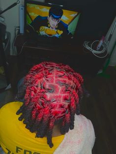 Red hair dye locs Locs Color Ideas Men, Dyed Roots On Locs, Pink And Black Dreads, Red Hair Color Men, Dread Color Ideas Locs For Men, Red And Blonde Locs, Reverse Ombre Locs, Reverse Dyed Locs, Hair Dye Combos