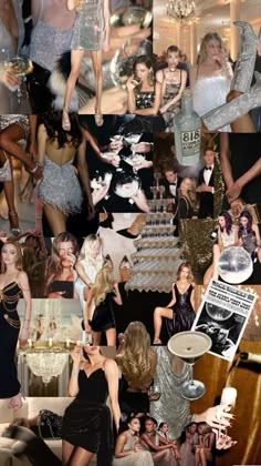 a collage of women dressed in black and white, including one wearing a dress