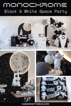 black and white space themed party with balloons