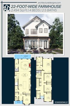 two story house plan with floor plans and measurements for each room in the same home