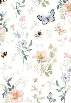 a white wallpaper with flowers and butterflies on the back ground, all painted in pastel colors