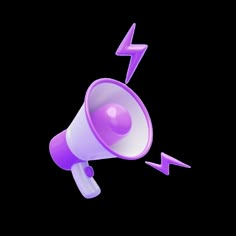 a purple and white megaphone with pink lightning bolt coming out of the top, on a white background