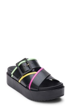 Colorful contrast trim highlights the crisscrossing straps of this standout platform sandal. 2" heel; 1 3/4" platform; 1/4" slope Leather upper/synthetic lining and sole Made in Brazil Black Double Strap Wedge Sandals For Spring, Summer Sandals With Contrast Sole And Open Toe, Summer Open Toe Sandals With Contrast Sole, Modern Sandals With Contrast Sole For Summer, Summer Beach Sandals With Contrast Sole, Fragrance Cologne, Baby Gear Essentials, Hairstyling Products, Rollerball Perfume