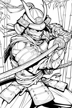 Unleash your creativity with this detailed coloring page featuring a powerful samurai warrior ready for action. Dressed in traditional armor and gripping a sword, this warrior stands strong amidst bamboo shoots, capturing the essence of ancient Japanese culture. The intricate patterns on the armor and the dynamic stance make this design perfect for coloring enthusiasts who enjoy adding vibrant details. Bring this legendary figure to life with your favorite colors, whether it's for relaxation or adding to your collection of warrior-themed artwork! Perfect for kids and adults alike. Samurai Wallpaper, Bamboo Shoots