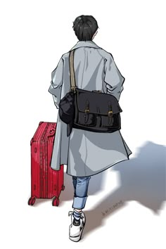 a drawing of a woman carrying a suitcase