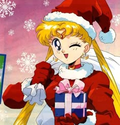 an anime character holding a gift box in front of snowflakes and christmas trees