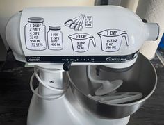 a white mixer with instructions on how to use it for baking and other things in the kitchen