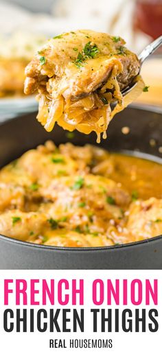 french onion chicken thighs in a skillet with text overlay