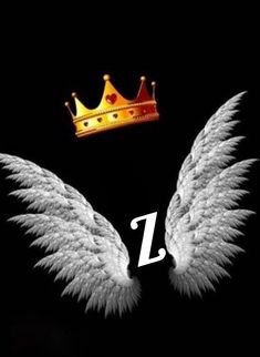 two white wings and a crown with the letter z on it in front of a black background