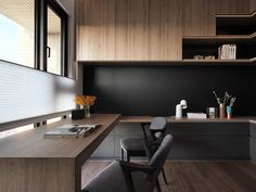 the modern kitchen is clean and ready to be used as a dining room or office