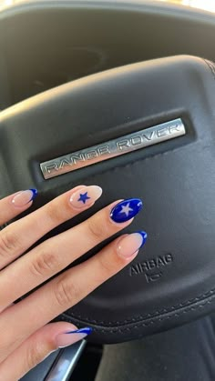 French And Solid Nails Together, Royal Blue Star Nails, Cheer Nails Cheerleading, Blue Star Nail Designs, Blue And White Star Nails, Blue Star Nails Acrylic, Katie Fang Nails, Navy Blue Star Nails, Light And Dark Blue Nails