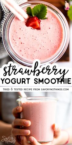 strawberry yogurt smoothie in a glass with strawberries on top and text overlay