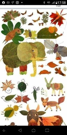 an image of many different animals and leaves