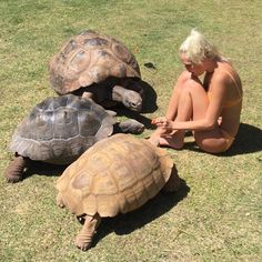 two women are sitting on the grass next to some tortoises