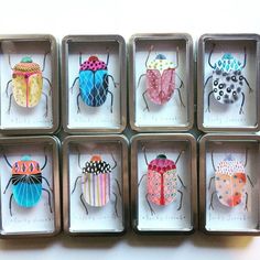 six different types of bug magnets in tin boxes on a table with white background