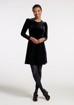 Elegant in its simplicity this black, crushed velvet skater dress from Aussie brand Princess Highway is perfect for dressing up or down with just a simple change of footwear ! Made from a stretchy, luxe crushed velvet fabric, this A-line dress boasts long sleeves, a flattering scoop neckline, a fitted bodice, and a full circle skirt that finishes above the knee. Pair this black beauty with combat boots for an edgy night out, or glam it up in a sky-high pair of pumps ! Please Note: Aussie brands Womens Cocktail Attire, Velvet Skater Dress, Cocktail Dresses With Sleeves, Cute Red Dresses, Crushed Velvet Fabric, Statement Outfit, Princess Highway, Valentines Day Dresses, Full Circle Skirts