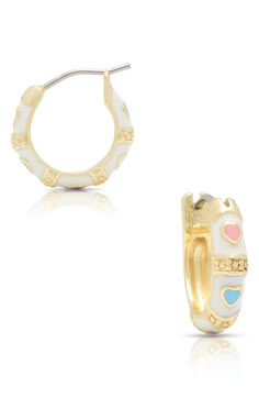 Colorful hearts add instant charm to these kid-size hoop earrings that'll easily elevate their everyday ensembles. Adult supervision strongly recommended; jewelry presents choking hazard and should be removed when infant or small child is unattended Goldtone plate/enamel Imported Preppy Accessories, Bright Jewelry, Dainty Gold Earrings, Preppy Jewelry, Colorful Hearts, Heart Hoop Earrings, Jewelry Accessories Ideas, Dope Jewelry, Kids Earrings