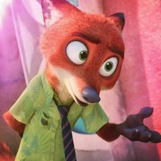 the fox is wearing a green shirt and tie with his hands out in front of him