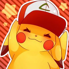 the pikachu is wearing a baseball cap and holding his hands up to his head