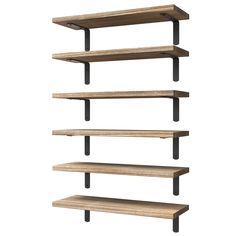 three wooden shelves with black metal brackets on each side and one shelf above the other