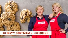 two women standing next to each other in front of cookies on a wall with the words chewy oatmeal cookies