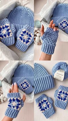 crocheted hats and mittens are shown in three different pictures, one is blue with white flowers