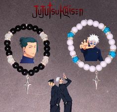 Matching bracelets of Geto and Gojo from Jujutsu Kaisen! Anime Bracelets Ideas, Jujutsu Kaisen Jewelry, Jujutsu Kaisen Bracelet, Jjk Gift Ideas, Anime Jewelry Diy, Gojo Bracelet, Jjk Bracelet, Anime Bracelet Ideas, How To Tie A Bracelet