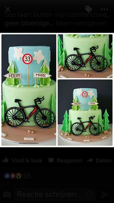 three photos of a bike cake with green frosting and trees on top, along with the number 33