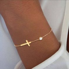 Gold Plated Cz Gold Christian Jewelry, Metal Cross Bracelets, Elegant Cross Metal Bracelets, Elegant Metal Cross Bracelet, Elegant Cross-shaped Metal Bracelet, Gold Crystal Chain Bracelet For Gifts, Gold Crystal Chain Bracelet Perfect For Gifts, Jeweled Chain Bracelet Gift, Gift Jeweled Chain Bracelet