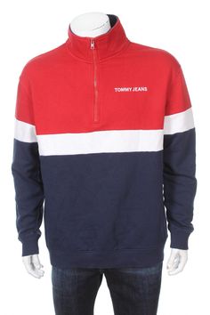 Tommy Jeans Mock Neck Flag Sweatshirt red/white/blue  Size L Red White Blue, Phone Number, Mock Neck, White Blue