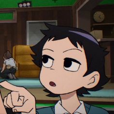 an animated image of a boy pointing at something in the distance with another person sitting on a couch behind him