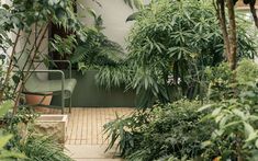 a green chair sitting in the middle of a garden