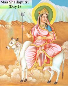 a painting of a woman riding on the back of a white cow next to a mountain