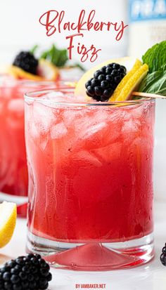 A glass filled with ice and blackberry fizz cocktail.  The glass is garnished with blackberries, lemons, and mint.  There are more garnishes on the work surface, as well as a second drink and a bottle of alcohol. Blackberry Mimosa Recipe, Simple Vodka Cocktails, Blackberry Vodka Drinks, Blackberry Fizz, Coconut Cream Pie Easy, Blackberry Cocktail, Blackberry Drinks, Blackberry Bramble, Blackberry Syrup