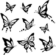 six black and white butterflies flying in the air with bubbles on their wings, all facing different directions