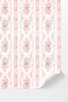 a pink floral wallpaper with stripes and flowers on the bottom, in pastel tones