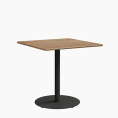 a square table with a black base and a wooden top on an isolated white background