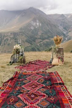 an area rug on the ground with mountains in the background and plants growing out of it