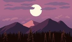 a pixel art landscape with mountains, trees and the moon in the sky above them