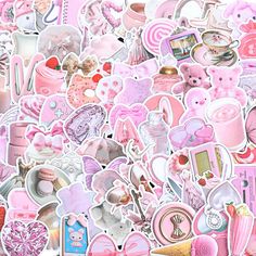 a pile of pink and white stickers with teddy bears, hearts, hats, perfume bottles