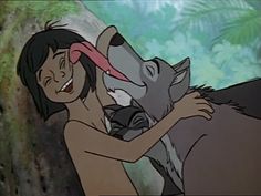 an animated image of a woman hugging a wolf