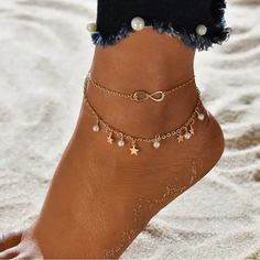 Multi Layer Golden Star Anklet Infinity Anklet, Tassel Anklet, Starfish Anklets, Star Anklet, Beaded Ankle Bracelets, Foot Bracelet, Leg Chain, Beaded Ankle, Summer Anklets