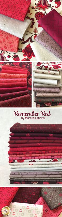 a bunch of red and white fabric on top of each other with different designs in them