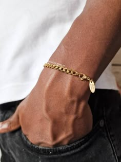 "18k gold plated stainless steel curb chain bracelet  High Quality 18k Gold plated & water proof  ◇ Lengths (inches):  6\" (XS) 7\" (S) 8\" (M) 9\" (L) ◇Choose between 3mm or 5mm width Simple staple piece of jewelry perfect for everyday wear ! ◇ Jewelry comes in a custom Machi Jewelry pouch 🎁 gift boxes/wrapping costs an extra £3 which can be added at checkout. . . . . . . . . Mens Gold Bracelet - Cuban link chain bracelet - curb chain bracelets - Cuban Mens Bracelet 18k gold" Mens Golden Bracelet, Mens Gold Chain Bracelet, Guy Jewelry Gold, Gold Chain Bracelet Men, Men’s Jewlery Gold, Black Men Gold Jewelry, Mens Gold Bracelets Chains, Male Bracelets Gold For Men, Men’s Bracelets In Gold