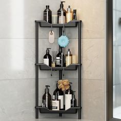 a bathroom shelf with bottles and soaps on it