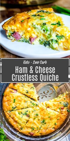 ham and cheese quiche on a white plate