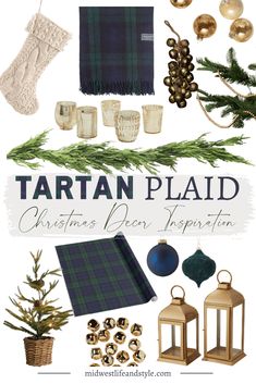 the tartan plaid christmas decor collection is featured in this postcard style image with text that reads tartan plaid christmas decor inspiration