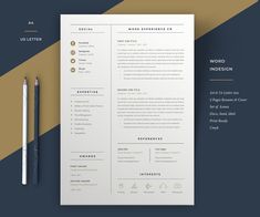 a professional resume template with gold accents on a blue and brown background, next to a pen